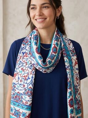 Turquoise, Red & White Floral Silk Scarf